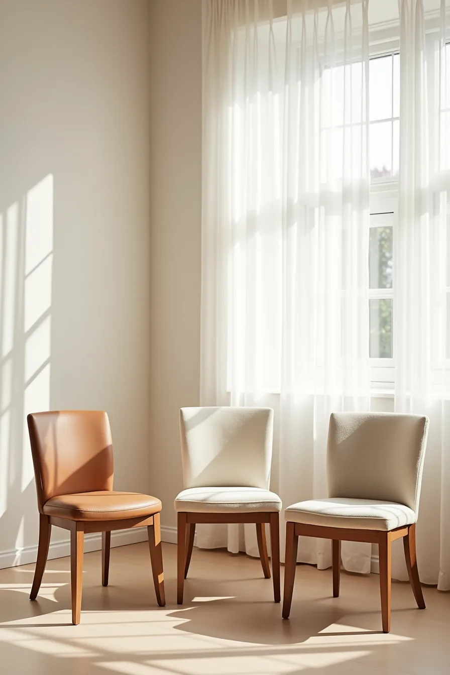 Three chair seat samples in leather, linen, and performance fabric, each topped with a water droplet demonstrating different