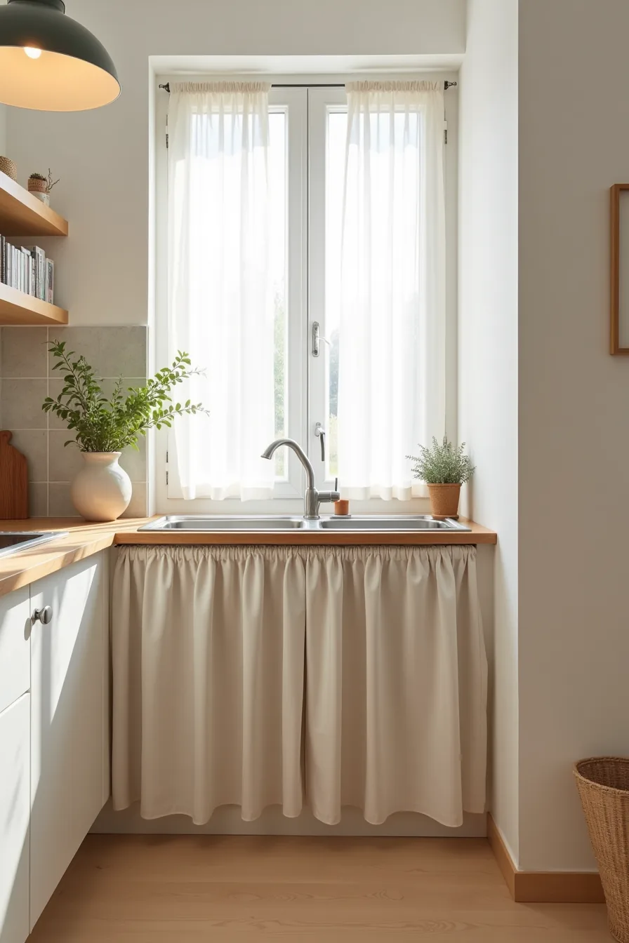 Neutral fabric skirt scaled for compact galley kitchen with stainless steel sink and minimal floor space visible.