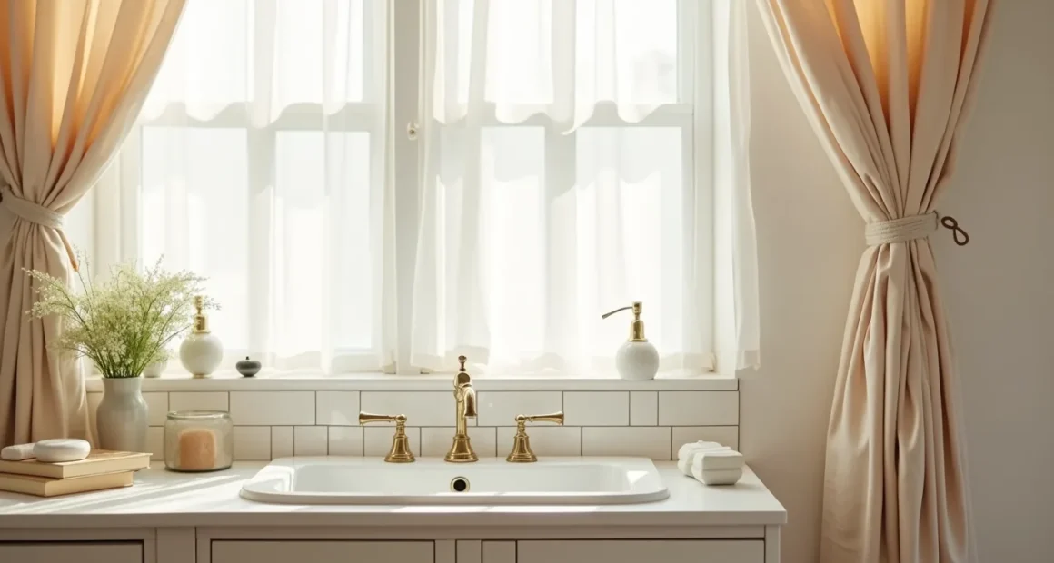 Pedestal sink with gathered cream linen fabric hung from tension rod, brass faucet, and ceramic soap dish on white subway