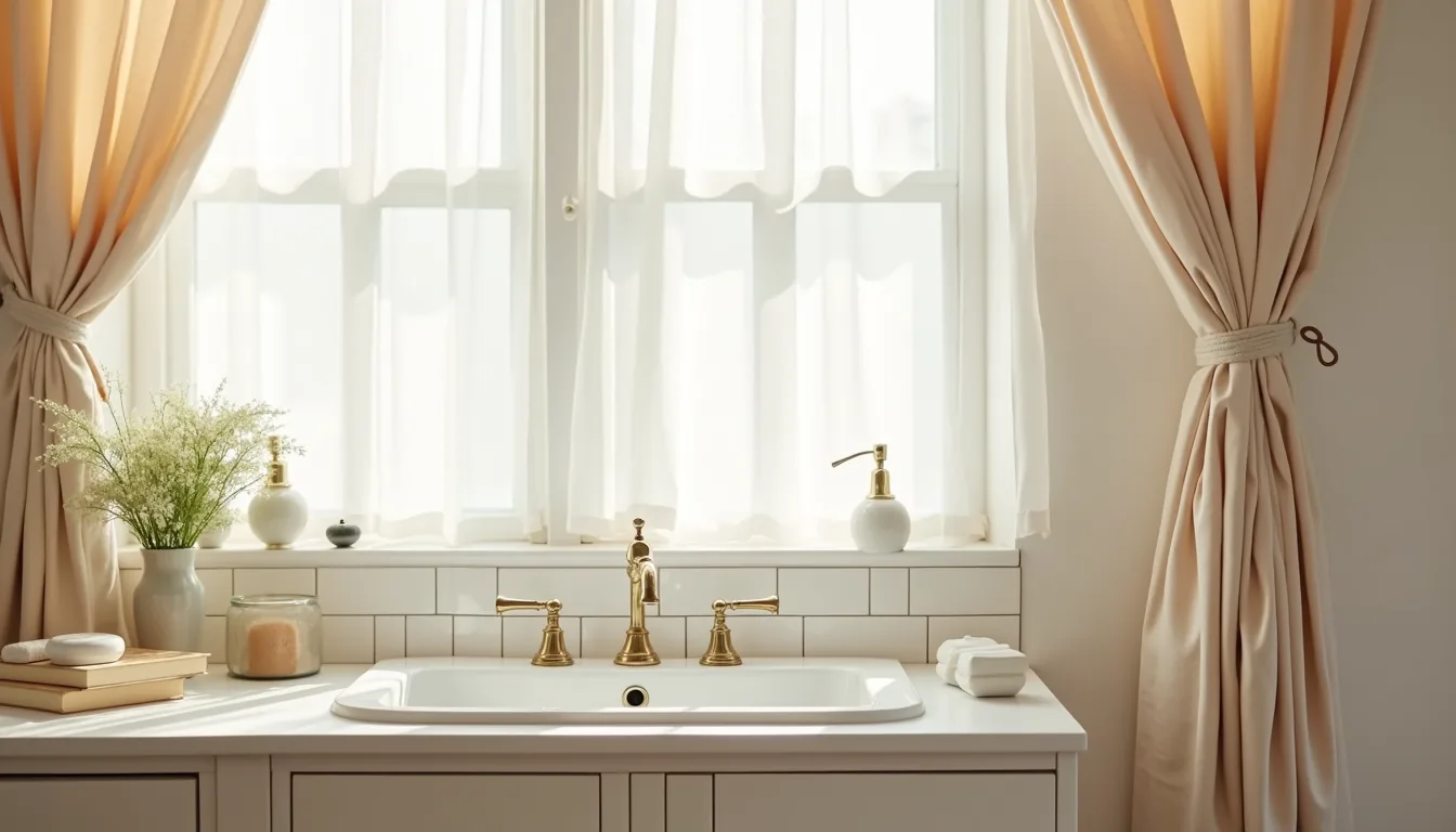 Pedestal sink with gathered cream linen fabric hung from tension rod, brass faucet, and ceramic soap dish on white subway