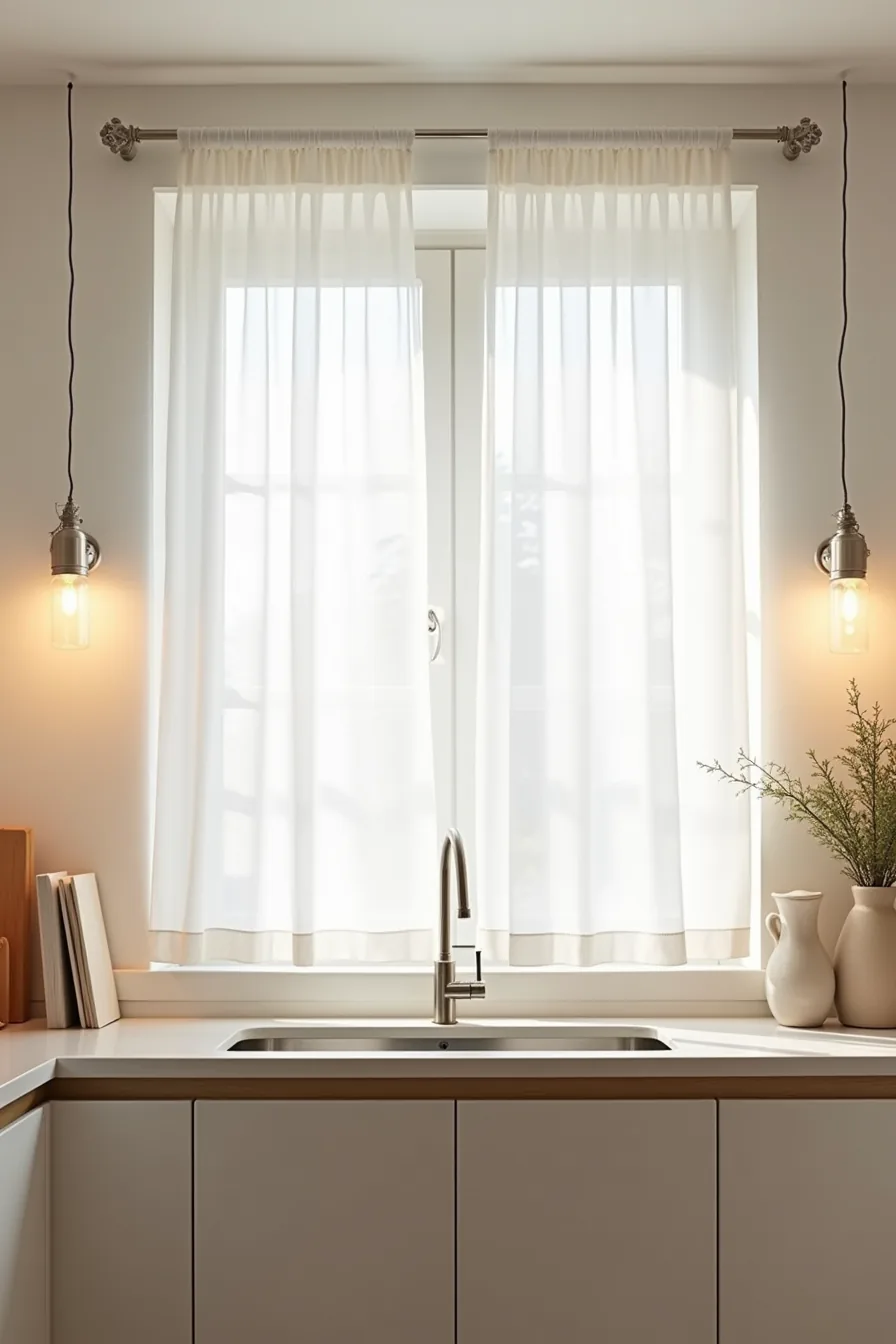 Two flat white linen panels frame the under-sink area with stainless steel faucet and geometric floor tiles visible.