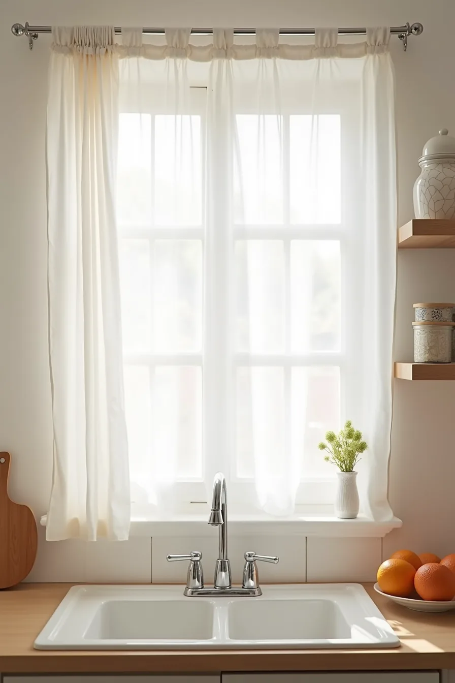 White bedsheet fabric gathered with plastic clips on chrome tension rod creates an affordable under-sink skirt with visible