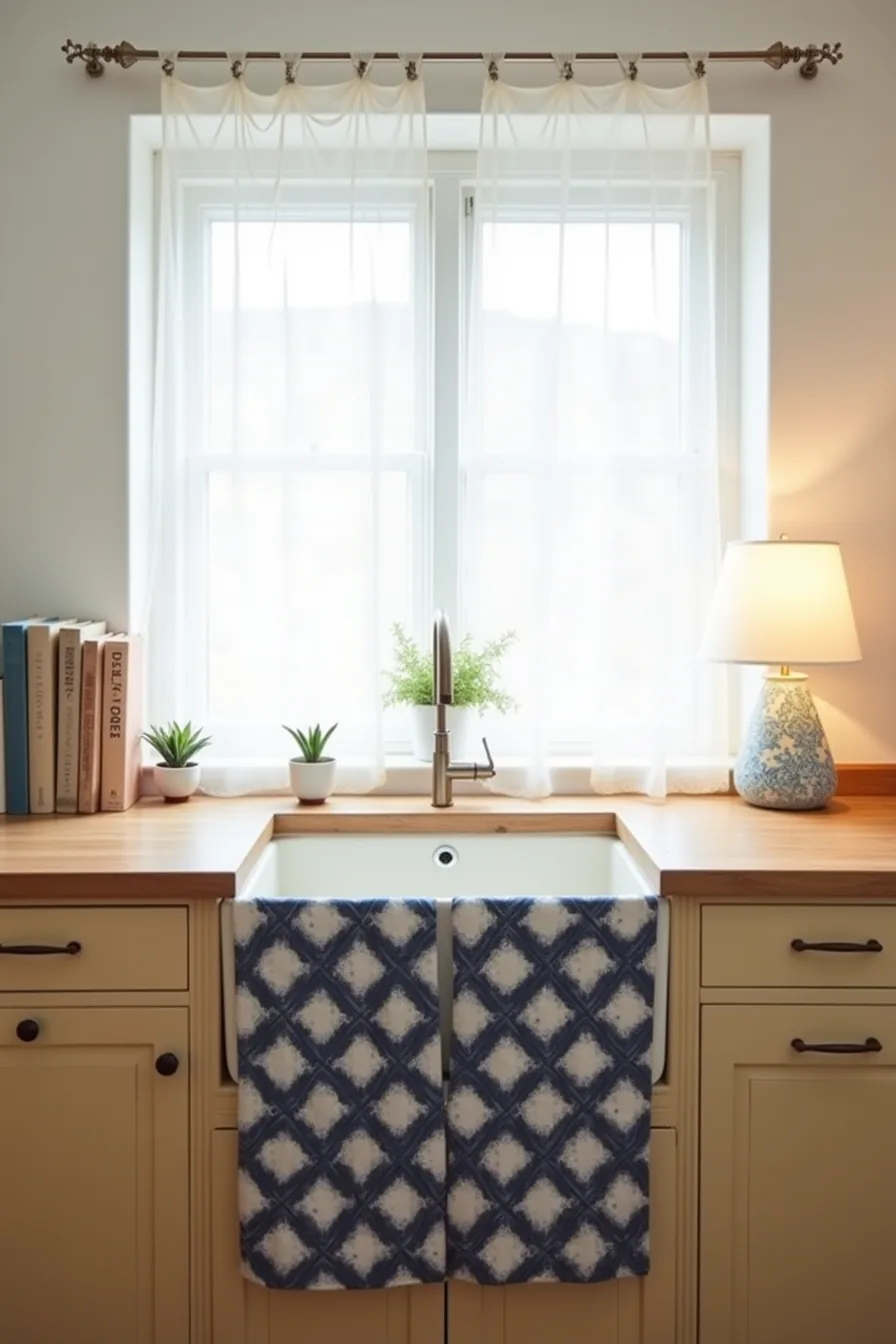 Navy and white geometric patterned fabric skirt with potted plant on counter and vintage cabinet hardware visible.