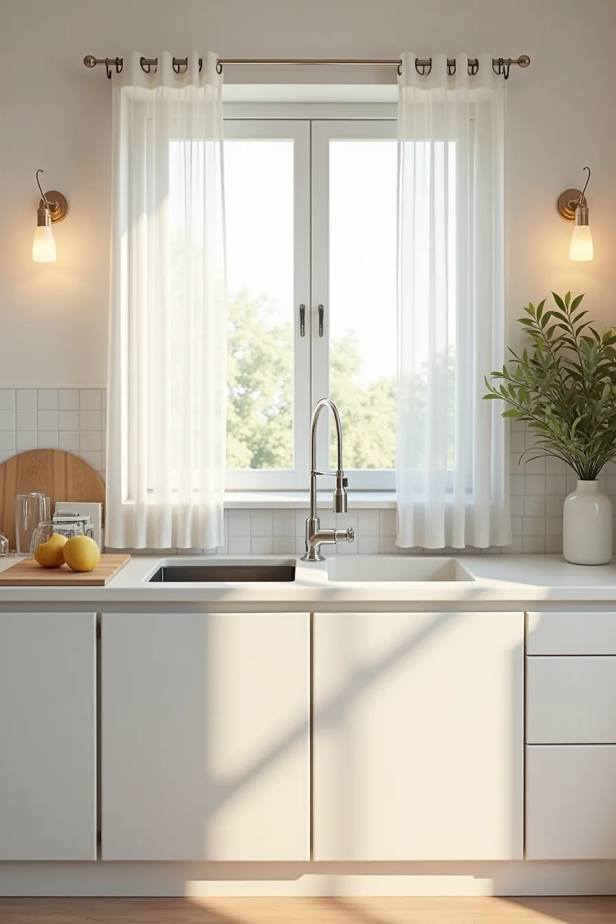 Hinged white cabinet doors with magnetic catches conceal the under-sink area in a modern kitchen with quartz countertop.