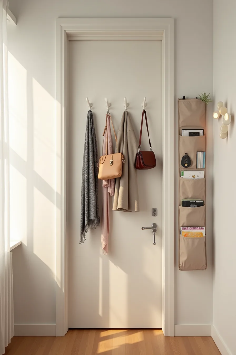 Closet door with adhesive hooks holding scarves and belts, plus fabric wall organizer with pockets.