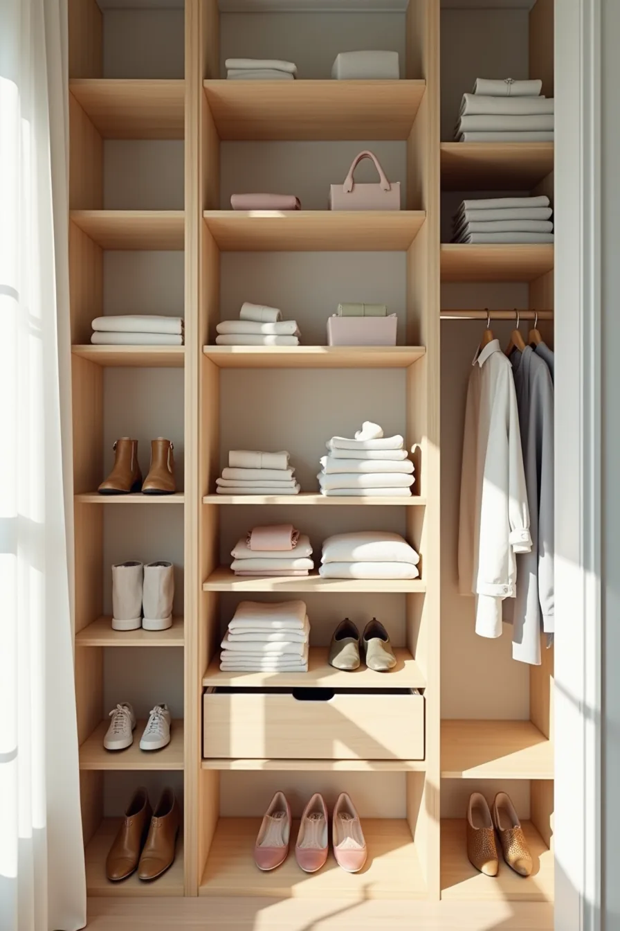 Adjustable wooden shelves divided into three zones storing folded items, accessories, and shoes separately.