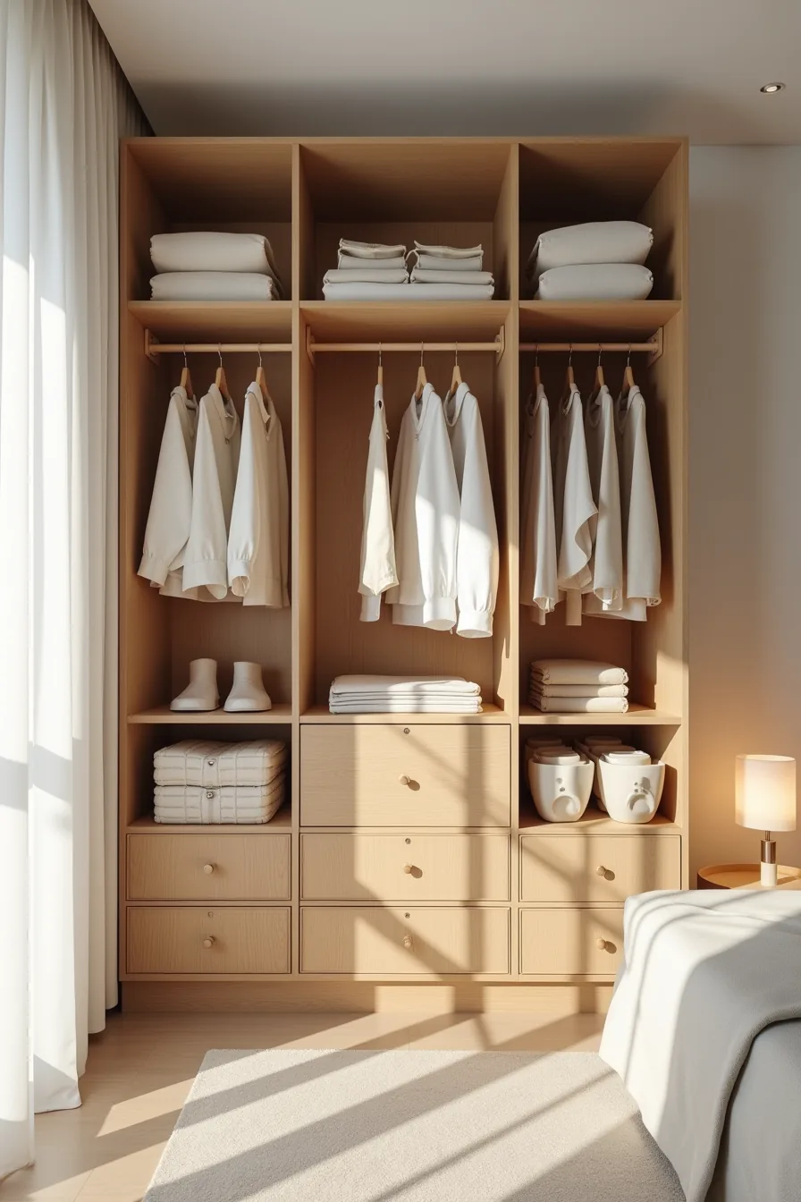 Double hanging rods above three stacked wooden drawers holding folded clothing and hangers.