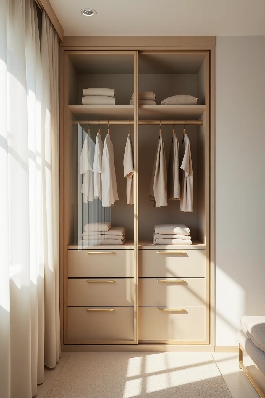 Glass-panel sliding doors on metal track revealing interior shelving and garments inside the closet.