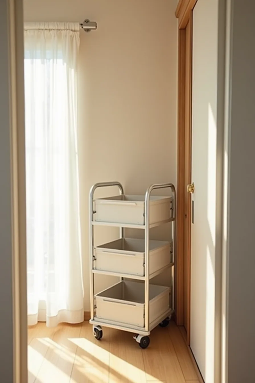 Narrow rolling cart with metal frame and plastic drawers inside a closet with partially open sliding door.
