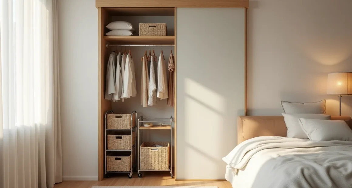 Open sliding closet doors showing wire shelves, rolling cart, hanging garments, and woven baskets organized inside.