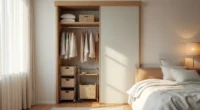 Open sliding closet doors showing wire shelves, rolling cart, hanging garments, and woven baskets organized inside.