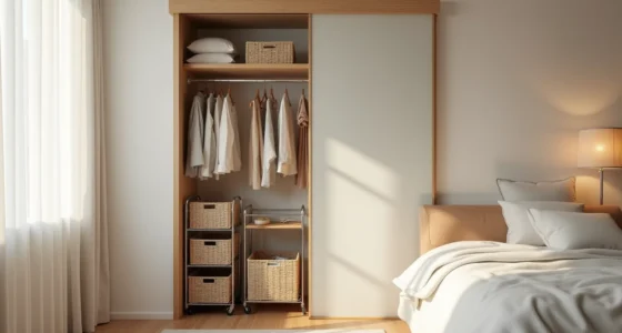 Open sliding closet doors showing wire shelves, rolling cart, hanging garments, and woven baskets organized inside.