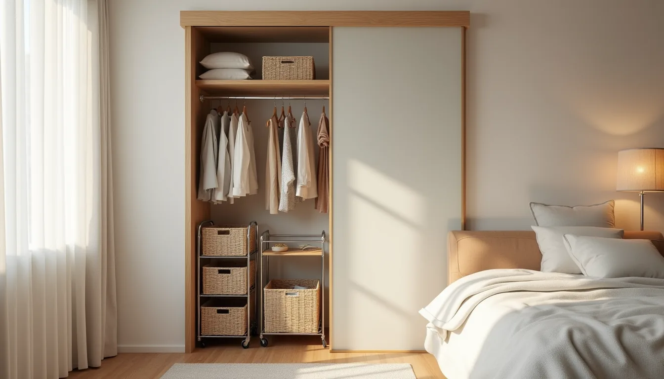 Open sliding closet doors showing wire shelves, rolling cart, hanging garments, and woven baskets organized inside.