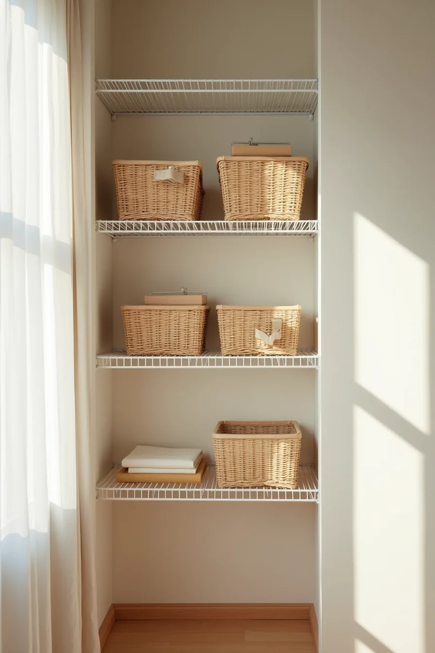 Wire shelves with woven pull-out baskets stacked vertically in a closet, one basket partially extended.