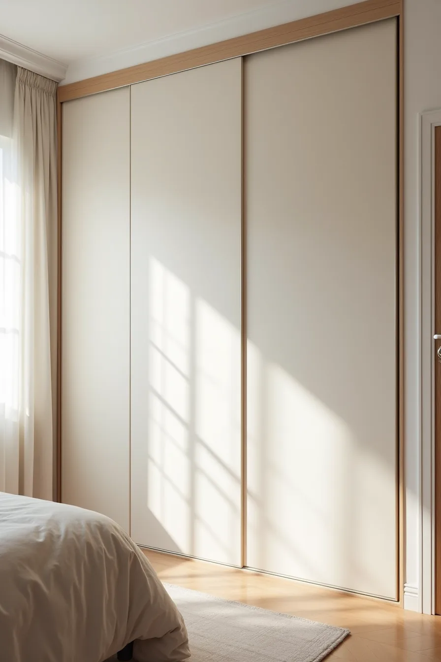 Four matte-finish sliding panels aligned along an aluminum ceiling-mounted track in a bedroom corner.