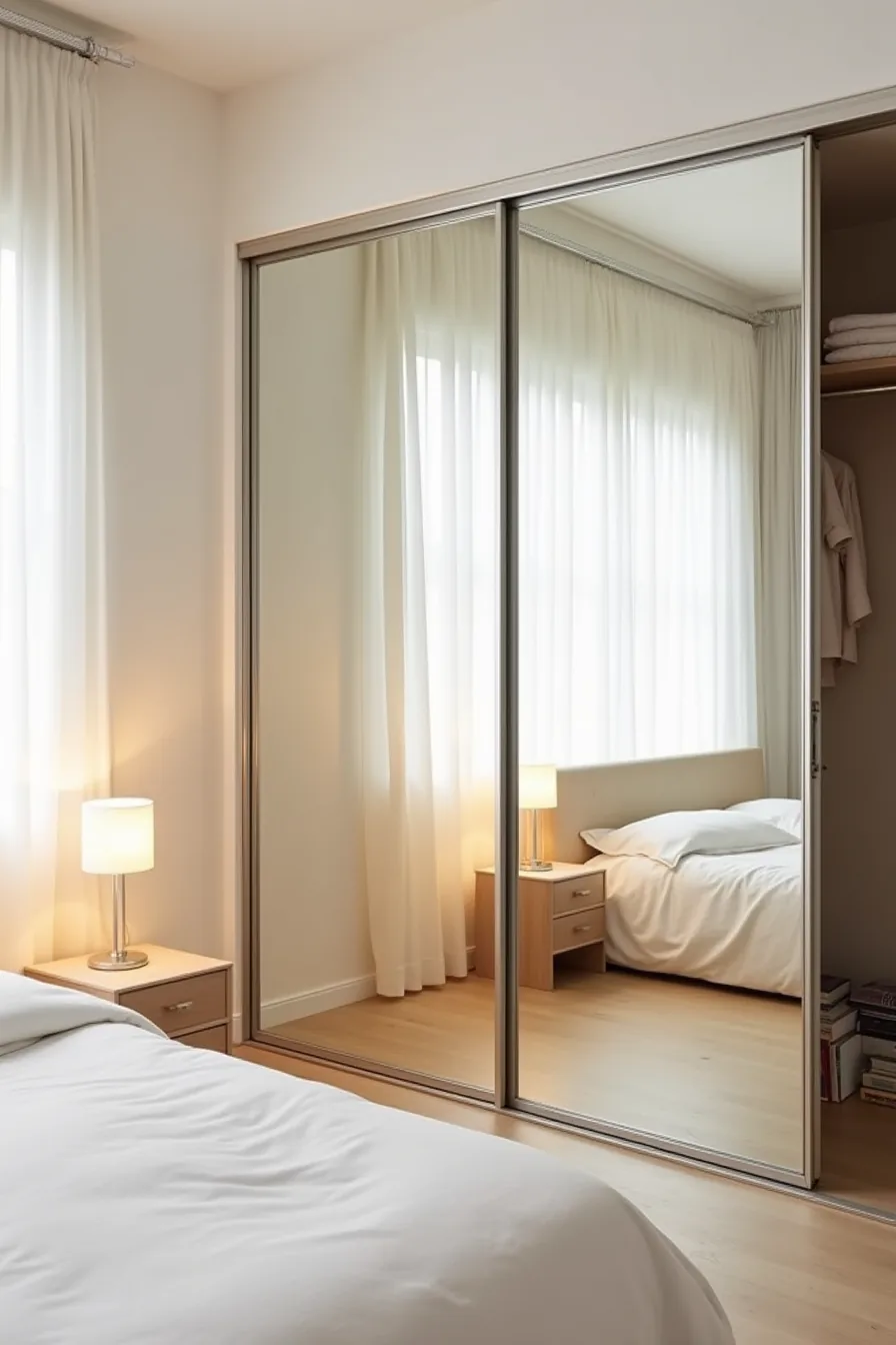 Mirrored sliding doors on brushed-steel track with one door open to show interior hangers and reflected natural light.