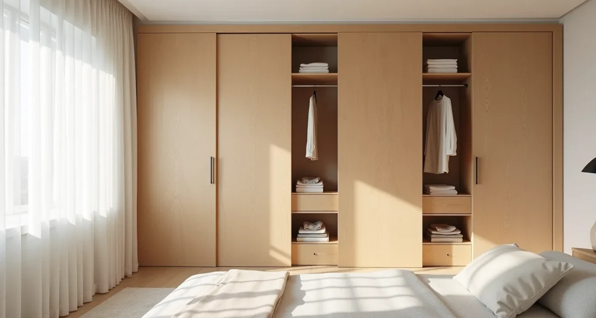 Natural oak sliding panels partially open to display interior shelving and neatly folded clothing, with sunlight