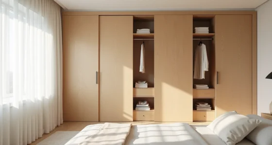 Natural oak sliding panels partially open to display interior shelving and neatly folded clothing, with sunlight