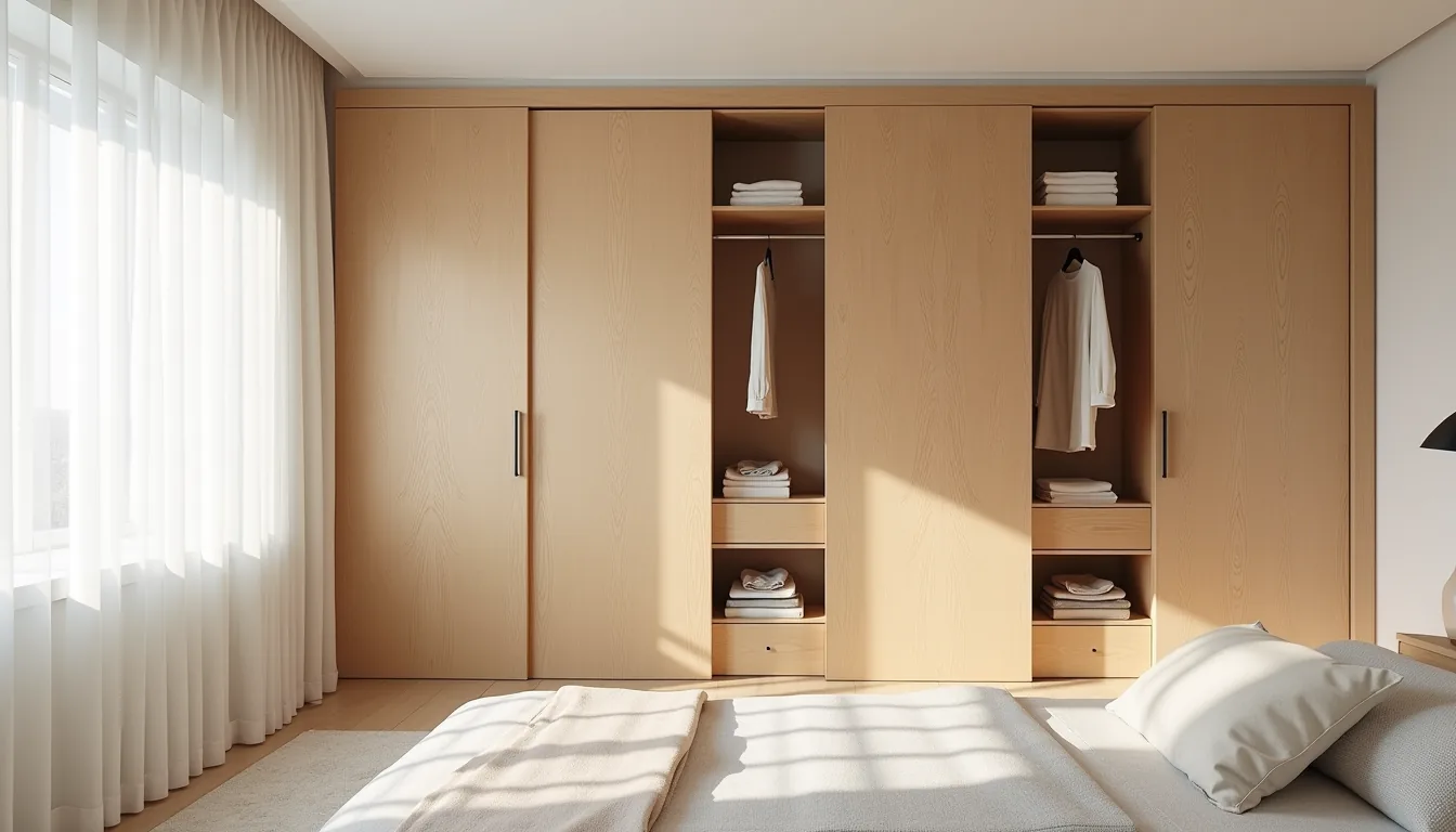 Natural oak sliding panels partially open to display interior shelving and neatly folded clothing, with sunlight