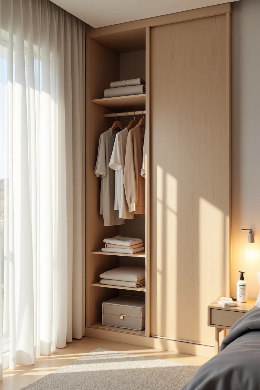 Open sliding wardrobe interior displaying color-organized hanging garments, rolled shelf items, visible track rollers, and