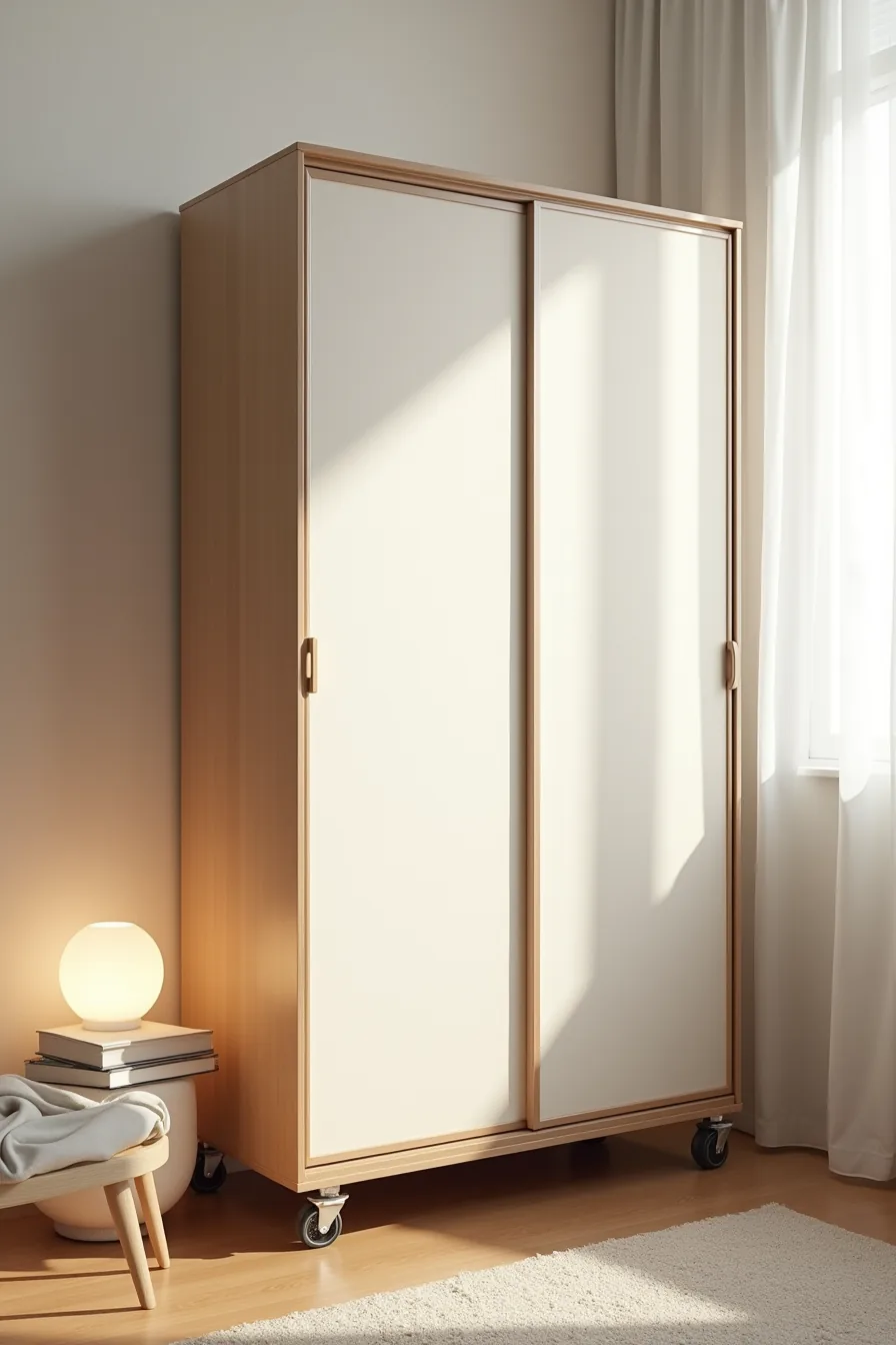 Freestanding metal-frame wardrobe with fabric-covered sliding panels and wheels positioned against an apartment wall.