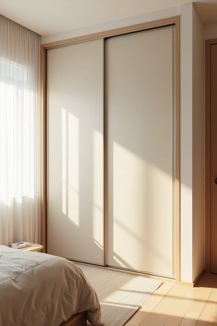 Narrow 30-inch sliding panel wardrobe mounted mid-wall beside a bed frame with open floor space for movement.