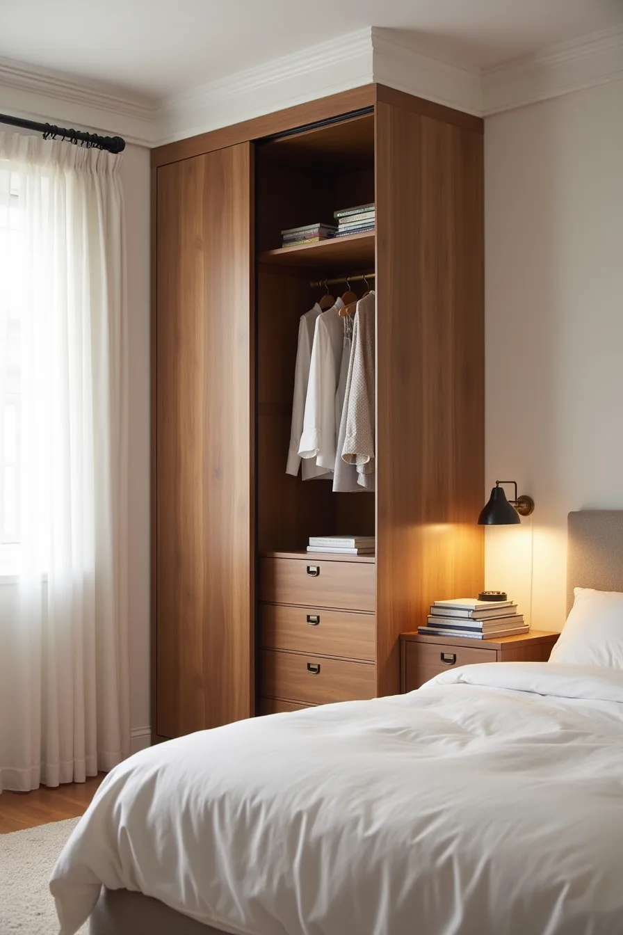 Three walnut-veneer sliding doors with soft-close track integrated seamlessly into bedroom wall trim and skirting.