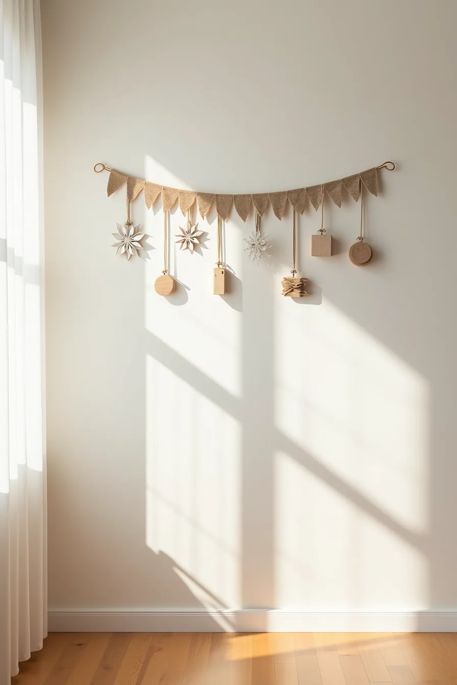 Paper snowflakes, felt ornaments, and a fabric banner hang in staggered rows from adhesive hooks on a living room wall.