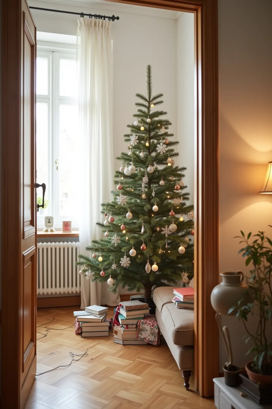 An oversized tree blocks the doorway, ornaments sit precariously on the sofa, a heating vent is covered, and tangled cords