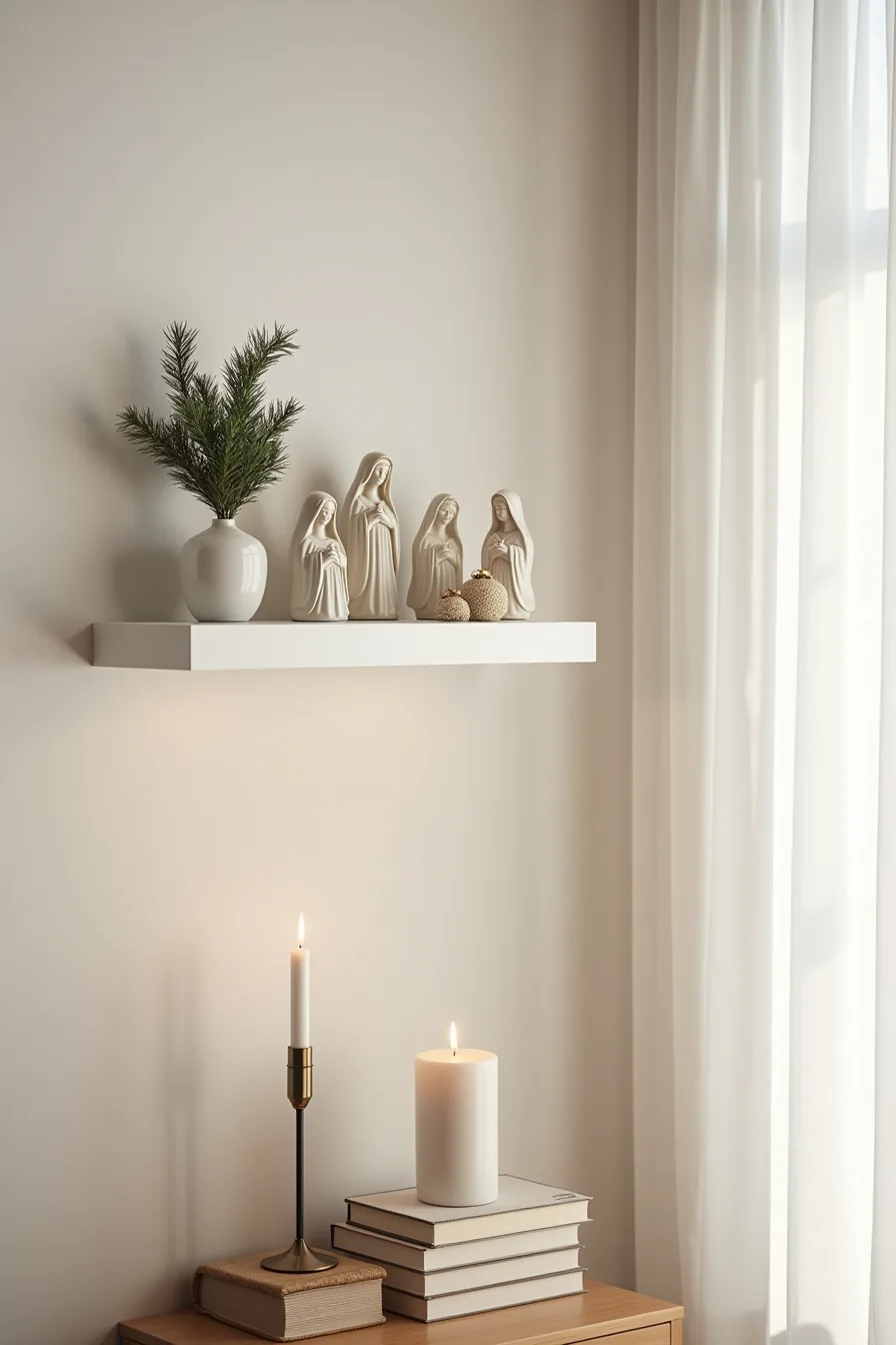 A floating shelf displays ceramic nativity figures, mercury glass candles, evergreen branches in a bud vase, and stacked