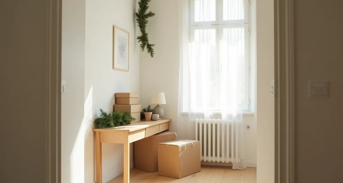 Garland drapes floor-to-ceiling above a console table with wrapped boxes stacked vertically beside it.