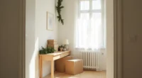 Garland drapes floor-to-ceiling above a console table with wrapped boxes stacked vertically beside it.