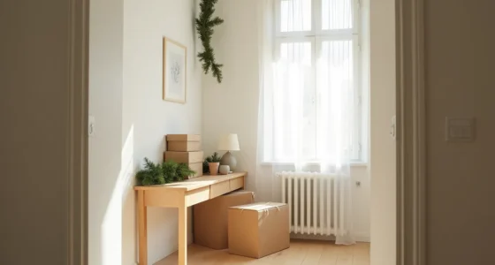 Garland drapes floor-to-ceiling above a console table with wrapped boxes stacked vertically beside it.