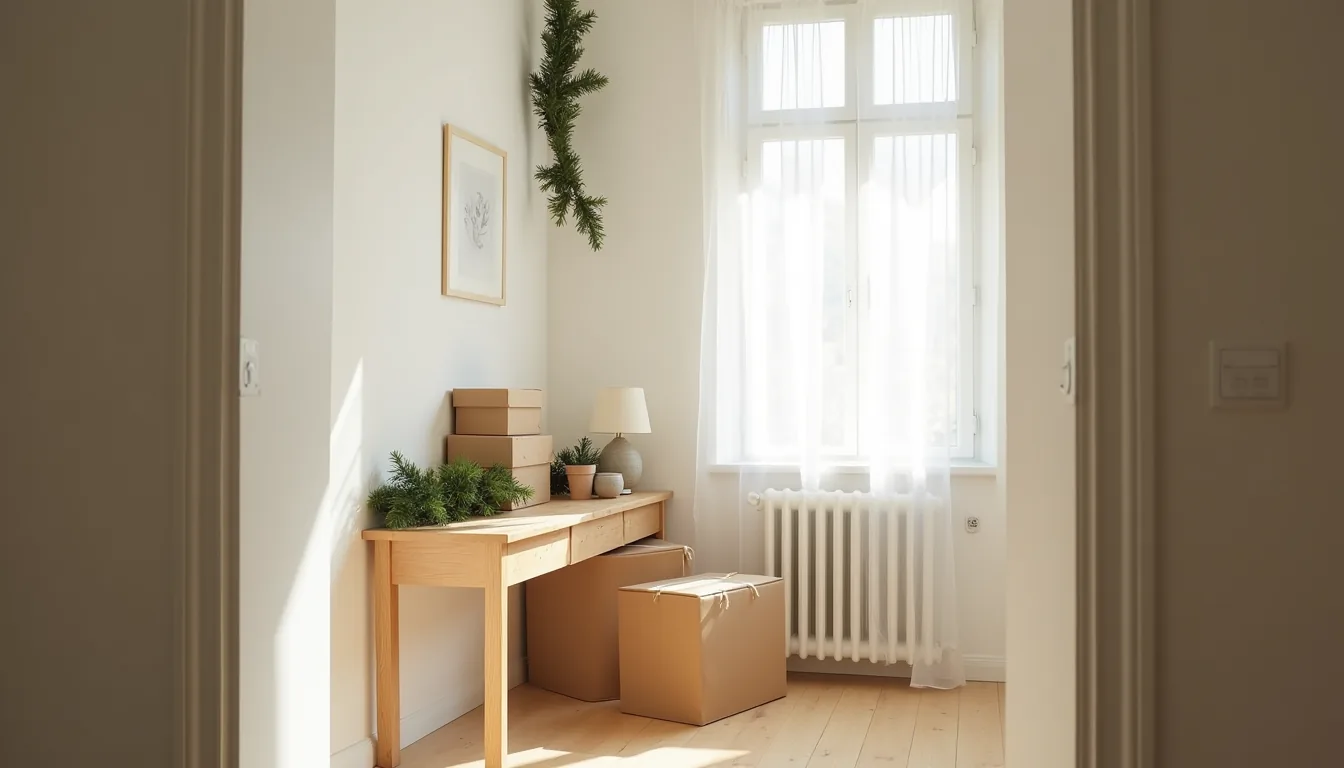 Garland drapes floor-to-ceiling above a console table with wrapped boxes stacked vertically beside it.