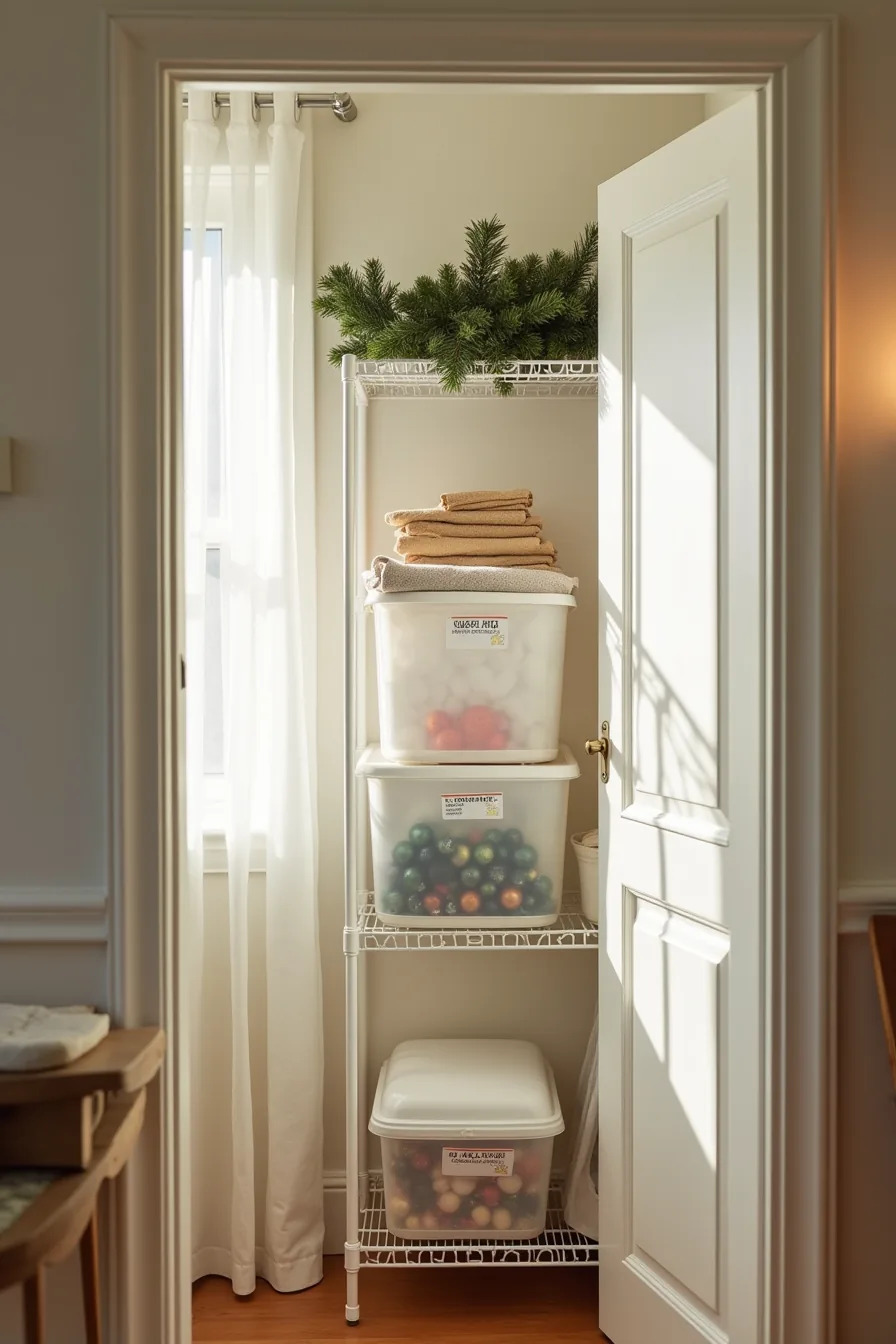 Three labeled plastic storage bins stacked on wire shelving hold folded garland, ornaments, and lights, with a vacuum-sealed