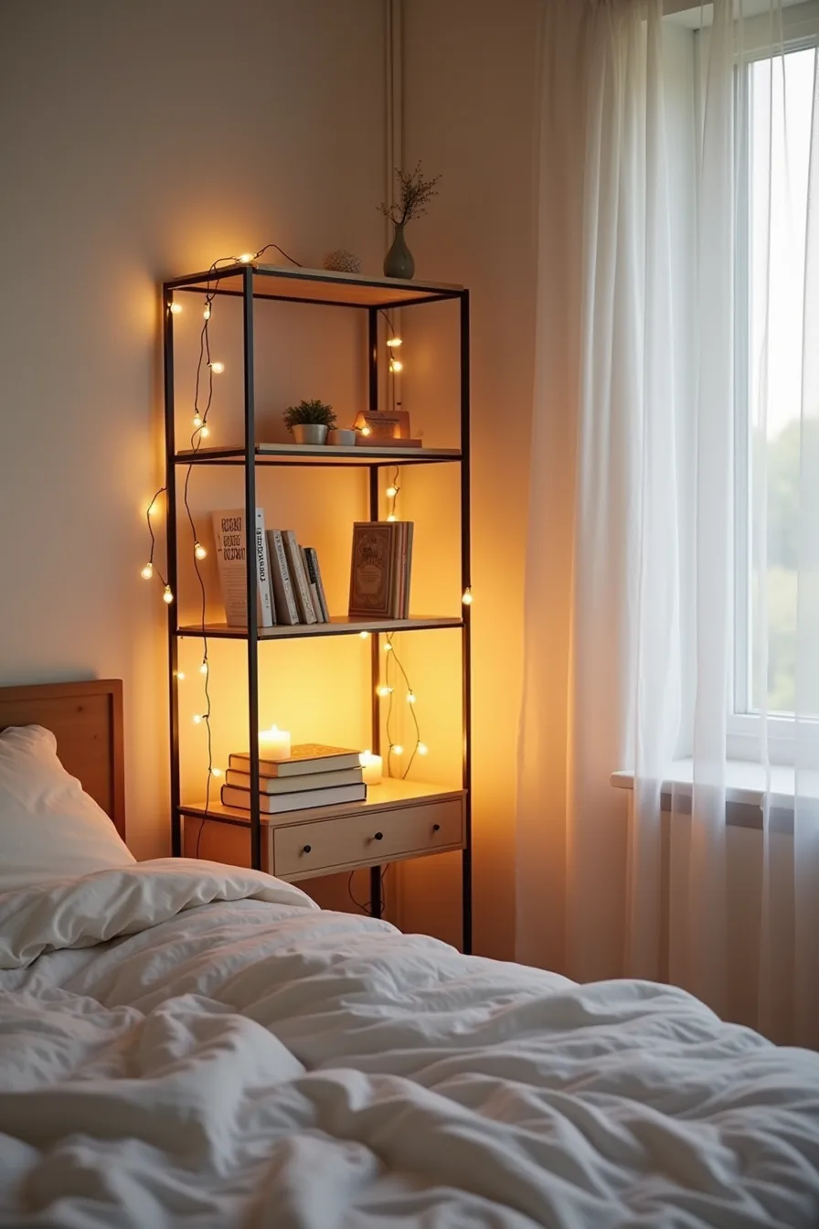 LED string lights wrap around a metal shelving unit, with flameless candles on the nightstand and a battery-powered lamp in