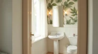 Compact bathroom with pedestal sink and narrow mirror against a wall of large-scale botanical wallpaper in muted green and