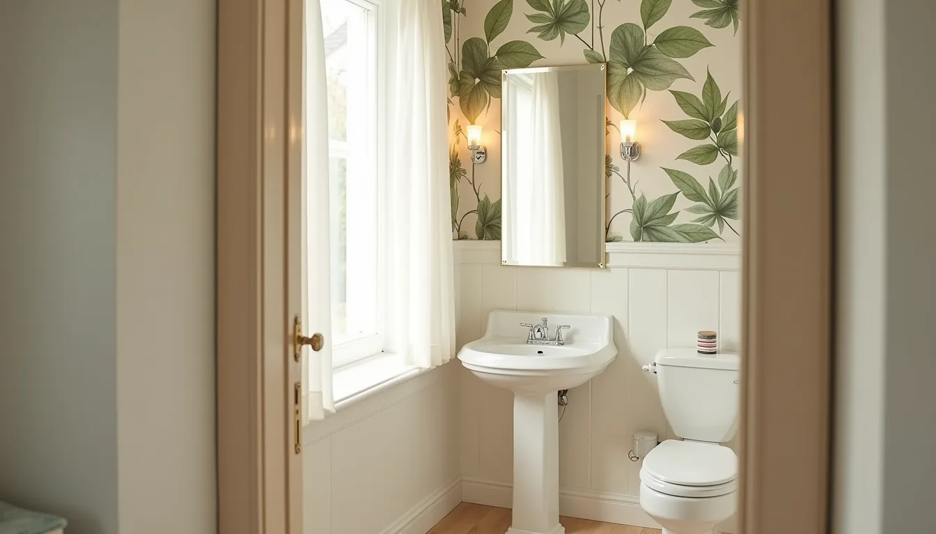 Compact bathroom with pedestal sink and narrow mirror against a wall of large-scale botanical wallpaper in muted green and