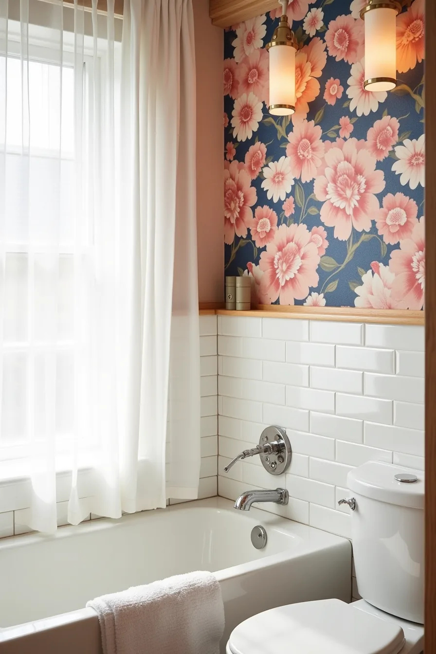 Bathroom corner with bold coral and navy floral wallpaper above white subway tiles, chrome towel bar, and small shelf.