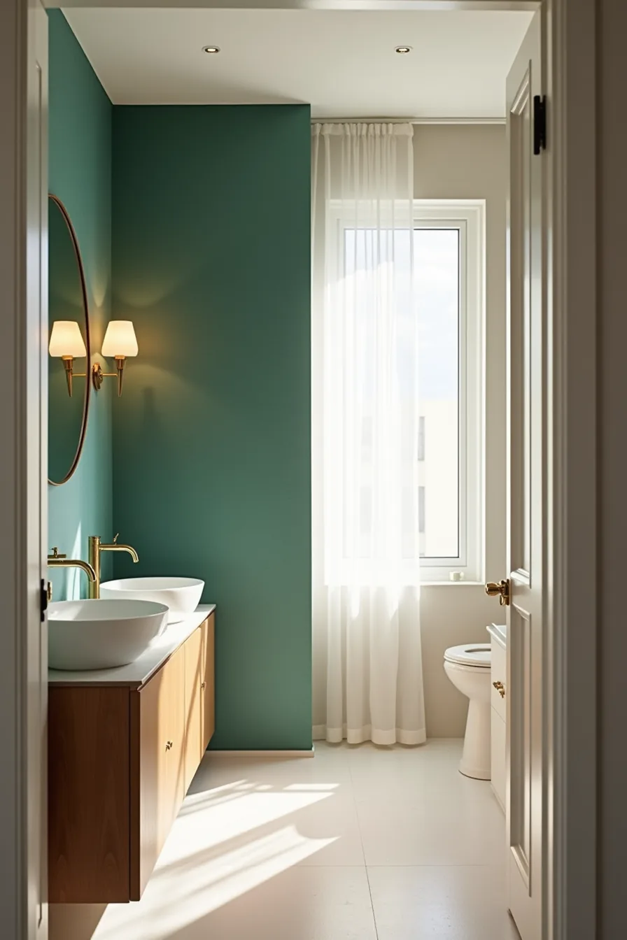 Bathroom split between deep emerald wallpaper with brass fixtures on one side and pale cream wallpaper with chrome fixtures