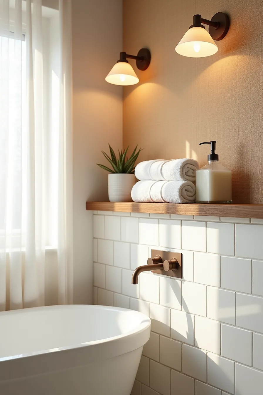 Wooden floating shelf with rolled towels and soap dispenser against warm tan grasscloth wallpaper above white subway tile.