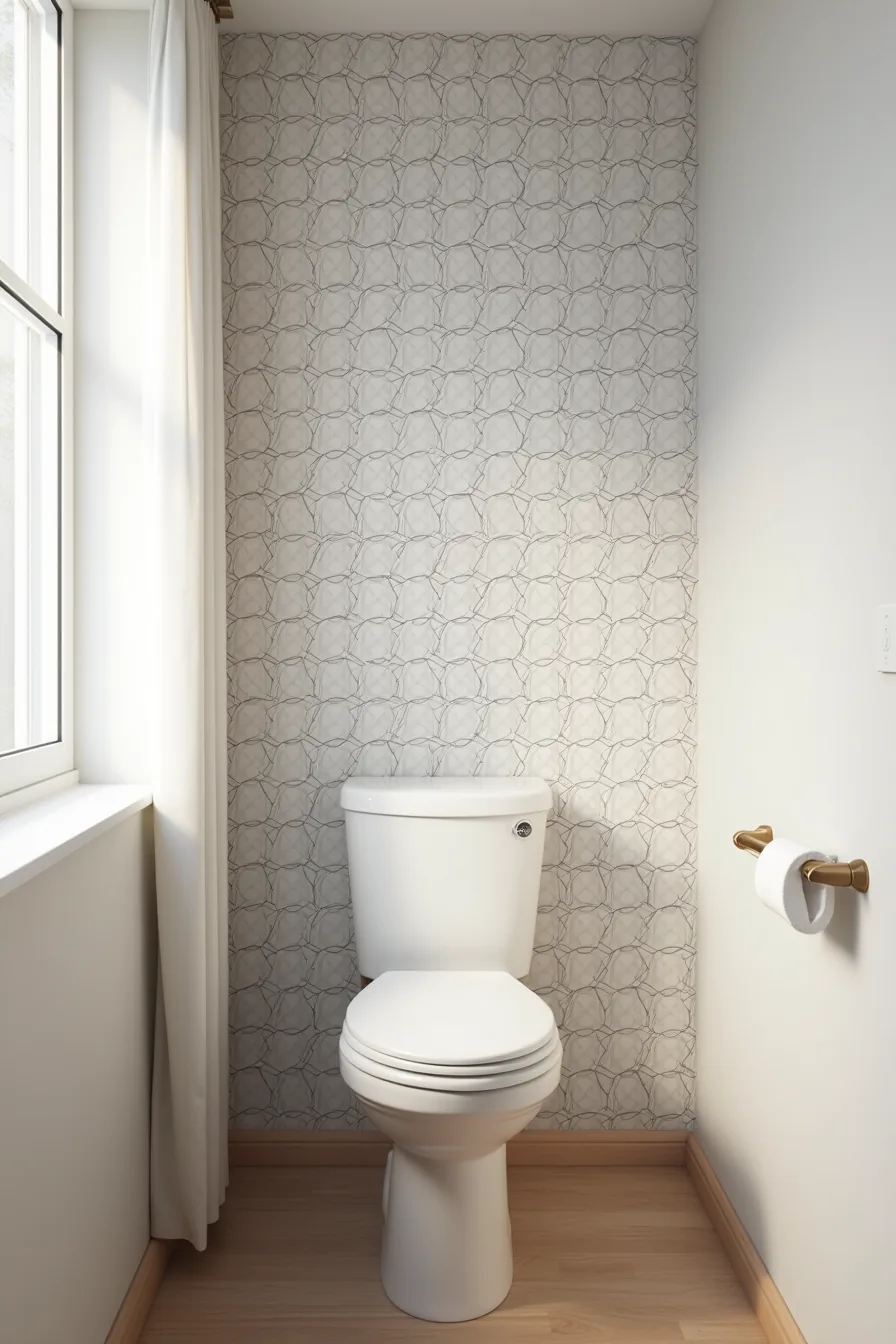 Toilet against a wall covered in black and white hexagon geometric wallpaper pattern.