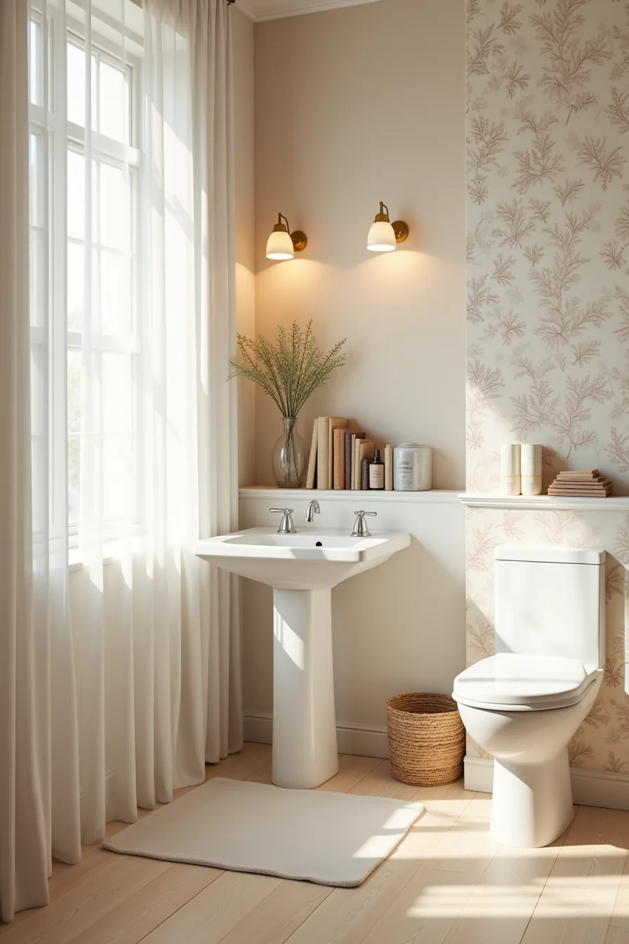 Comparison of geometric and botanical wallpaper patterns on a narrow bathroom wall between sink and toilet.