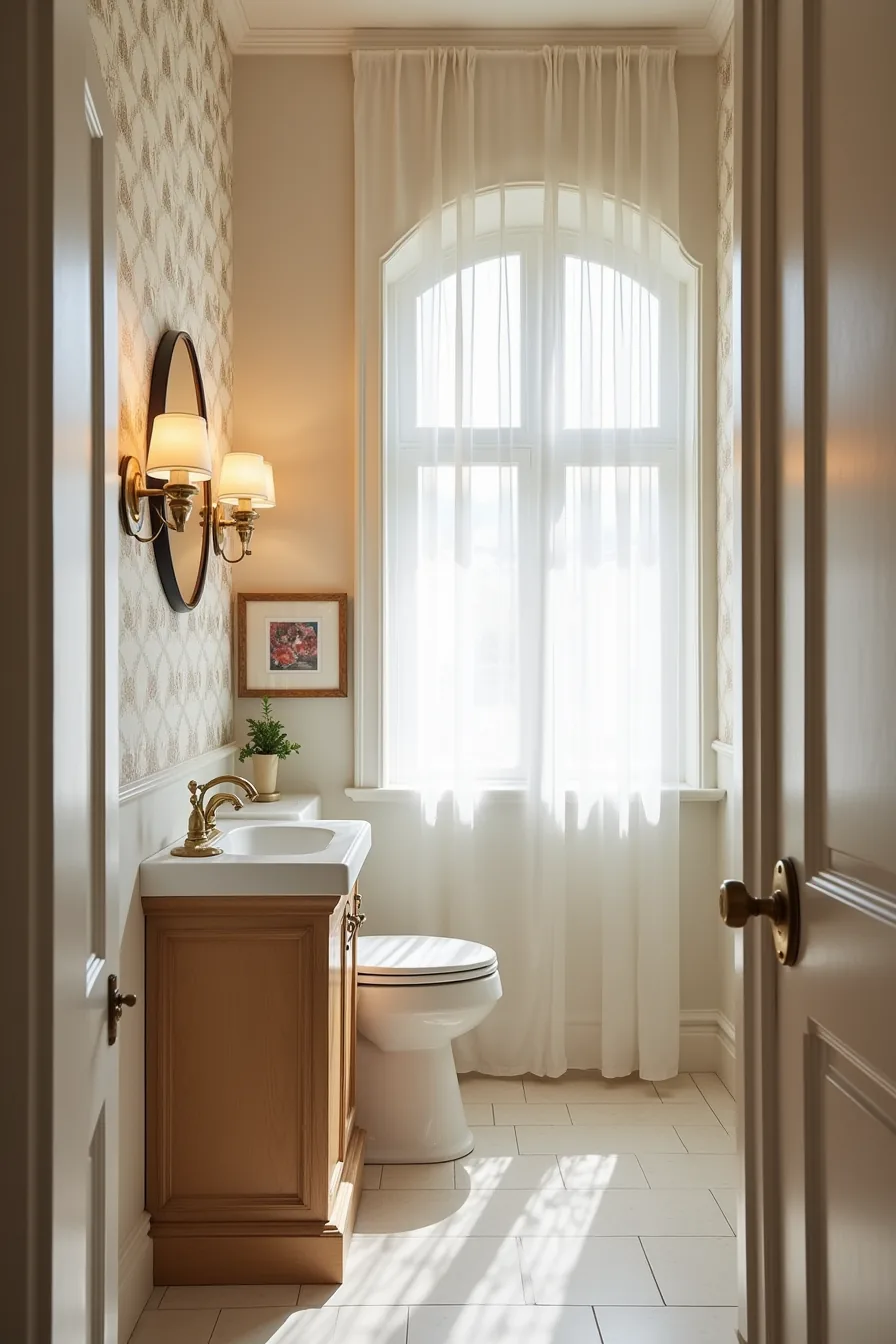 Powder room with jewel-tone patterned wallpaper, wall-mounted sink, round mirror, and decorative hand towel.