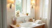 Wallpaper sample, paint swatches, measuring tape, and spray bottle arranged on a bathroom counter with chrome faucet.