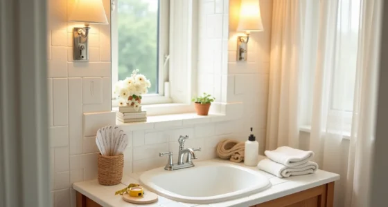 Wallpaper sample, paint swatches, measuring tape, and spray bottle arranged on a bathroom counter with chrome faucet.