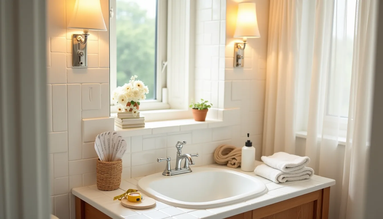 Wallpaper sample, paint swatches, measuring tape, and spray bottle arranged on a bathroom counter with chrome faucet.