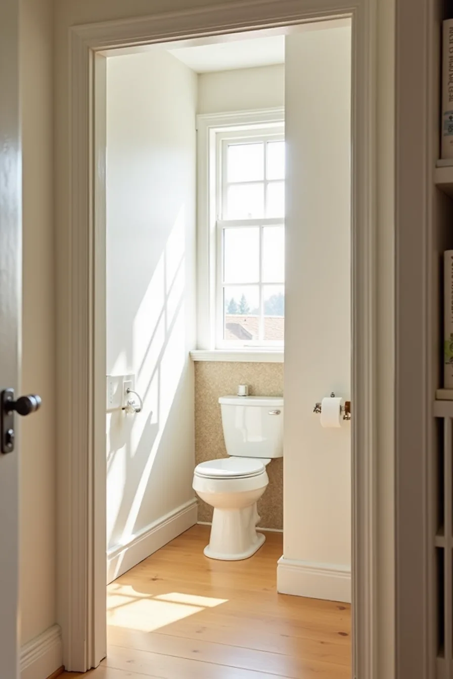 Bathroom with wallpapered accent wall behind toilet and pale neutral paint on three remaining walls.