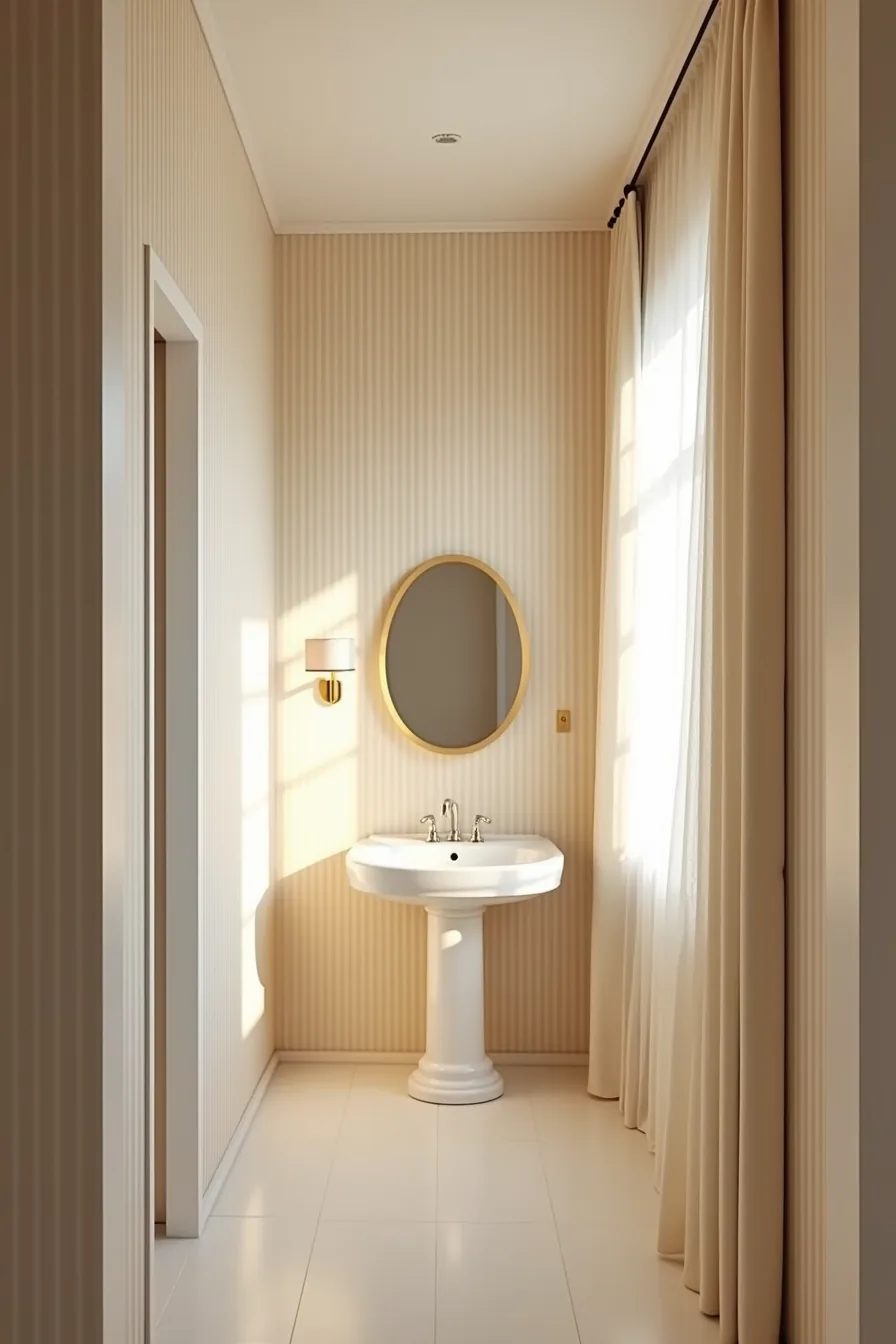 Bathroom with vertical striped wallpaper on all walls, pedestal sink, and small mirror below.