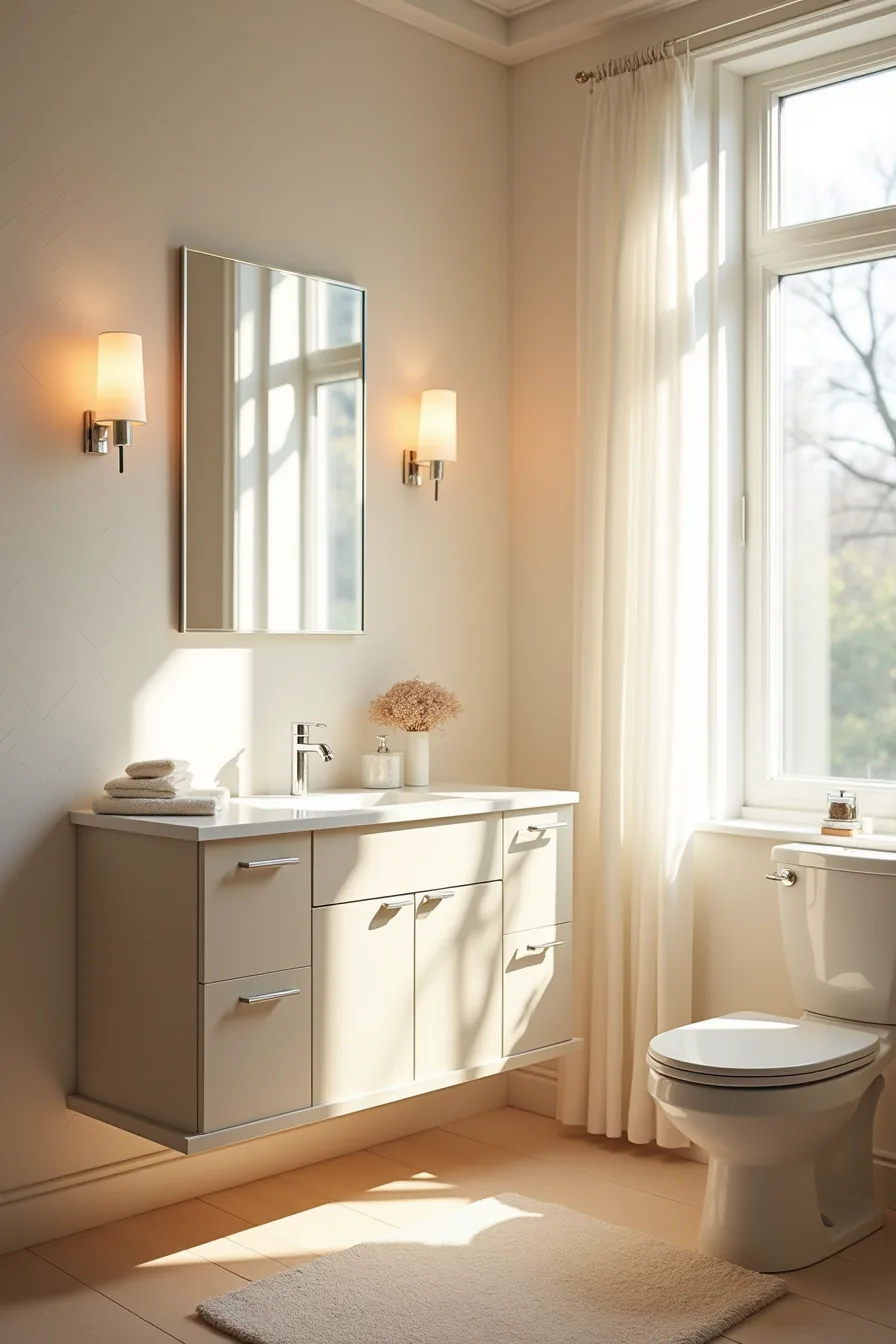 Light and dark wallpaper samples compared in bathroom lighting from overhead, vanity, and window sources.